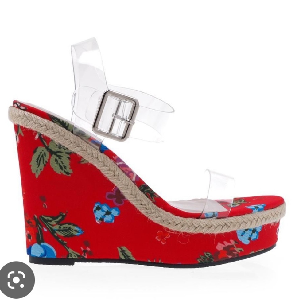 LEMON DROP by Privileged Fahsi Red/Multi Floral Wedges w/Clear Straps Size 6